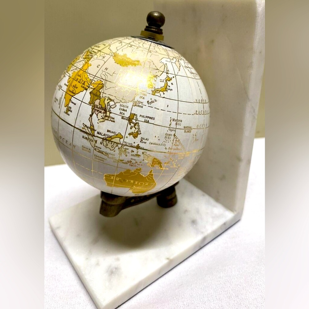 White World Globe Mounted on Marble BOOKEND/DESK/MANTEL/OFFICE Decor